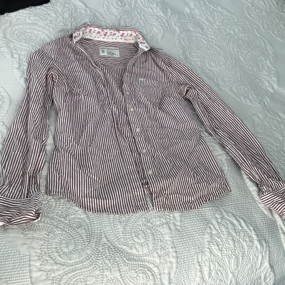 Purple & White stripped Long Sleeve Button up
